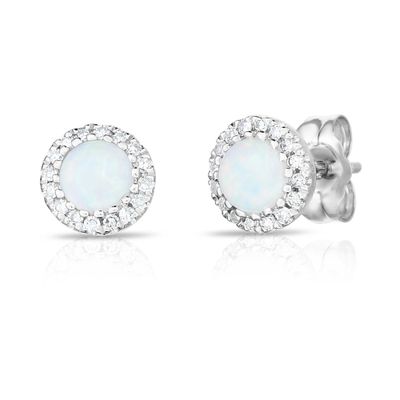 Opal & Diamond Halo Stud Earrings in 14K White Gold