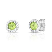 Peridot & Diamond Halo Stud Earrings in 14K White Gold