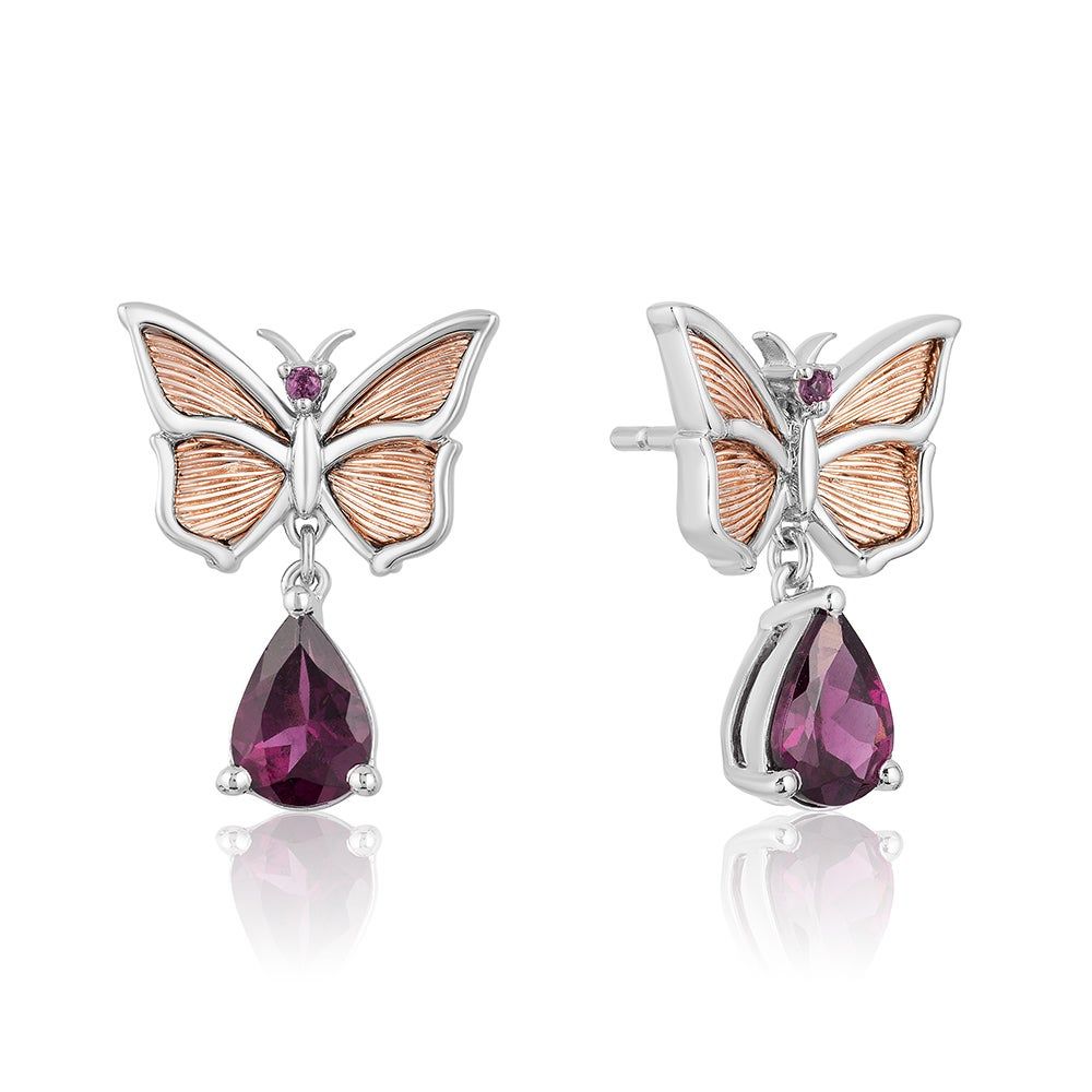 Garnet Mulan Butterfly Earrings in Sterling Silver & 10K Rose Gold