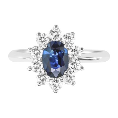 Oval Blue Sapphire Ring with Diamond Halo 14k white gold (5/8 ct. tw.)