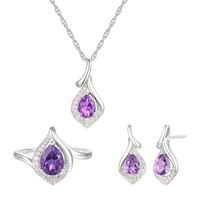 Pear-Shaped Amethyst & Lab-Created White Sapphire Earring, Pendant Ring Set Sterling Silver