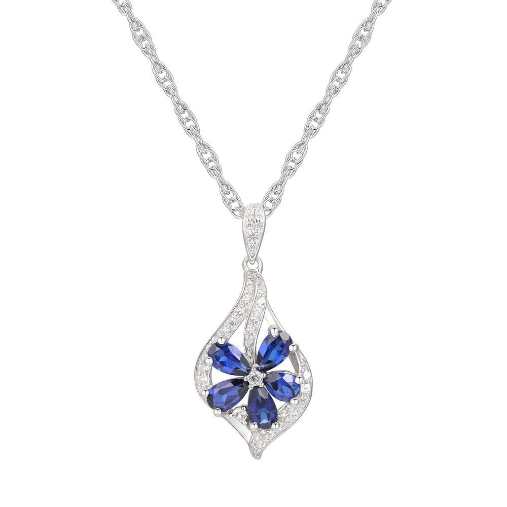 Lab-Created Blue & White Sapphire Flower Earring, Pendant Ring Set Sterling Silver