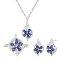 Lab-Created Blue & White Sapphire Flower Earring, Pendant Ring Set Sterling Silver