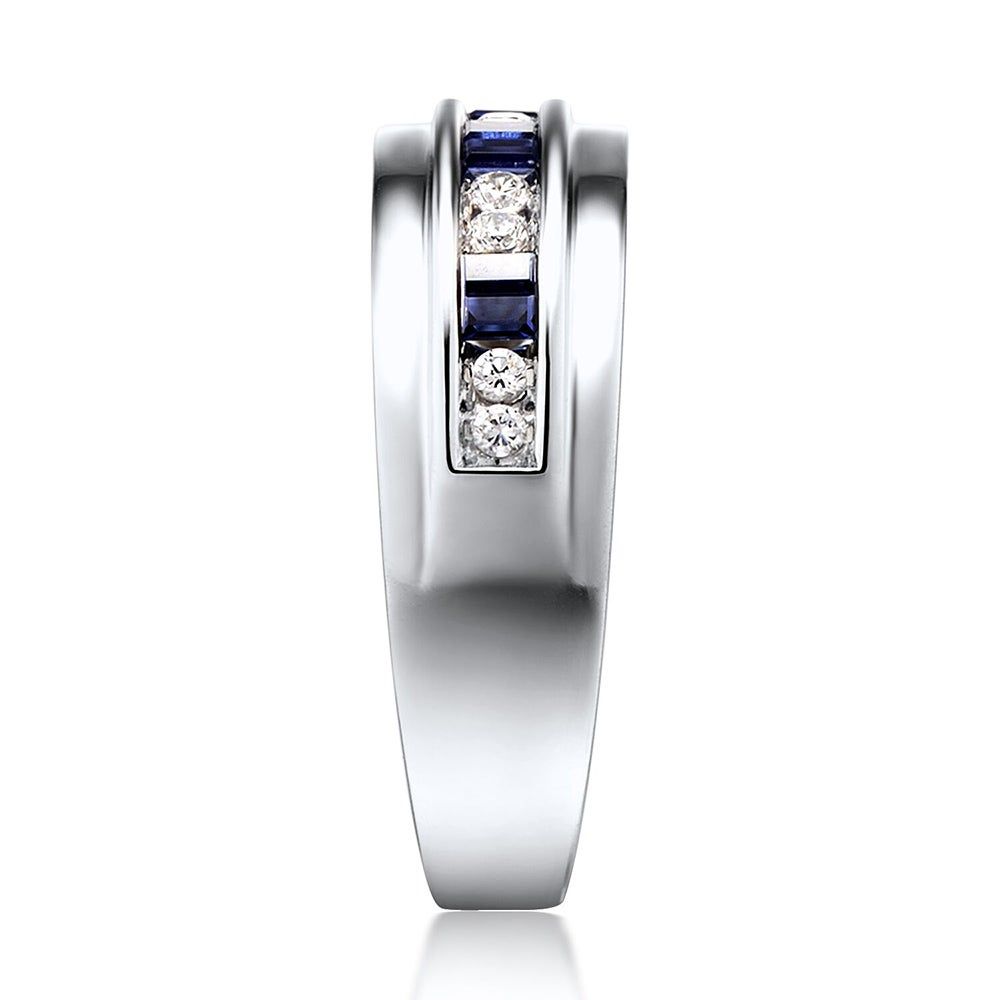 Men's Diamond & Blue Sapphire Ring 10K White Gold