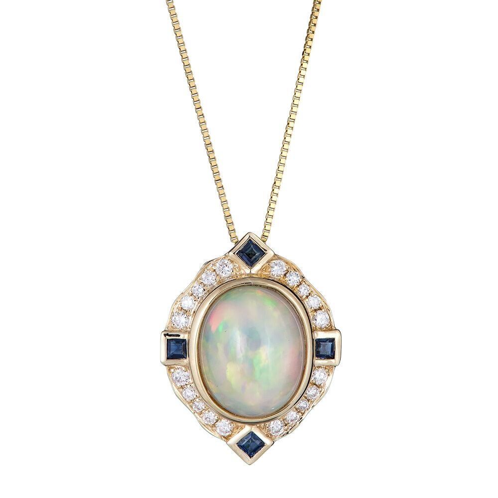 Oval Opal Pendant with Blue Sapphire & Diamond Halo in 10K Yellow Gold (1/5 ct. tw.)
