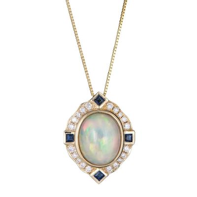 Oval Opal Pendant with Blue Sapphire & Diamond Halo in 10K Yellow Gold (1/5 ct. tw.)