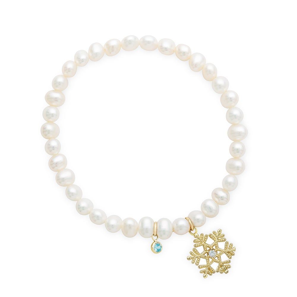 Children's Freshwater Pearl & White & Blue Cubic Zirconia Frozen Bracelet in 14K Yellow Gold