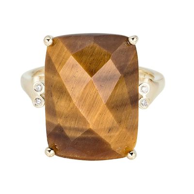 Tiger Eye & Diamond Ring 10K Yellow Gold