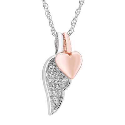 1/10 ct. tw. Diamond Angel Wing & Heart Pendant in Sterling Silver & Rose Gold