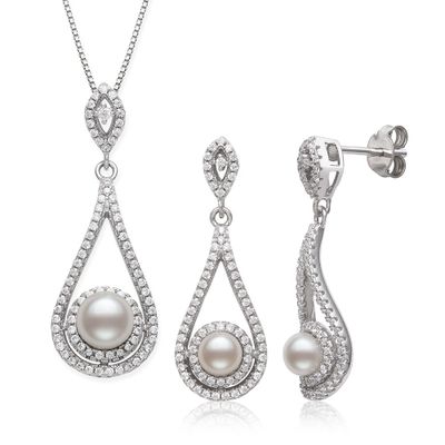 Freshwater Pearl & Lab-Created White Sapphire Earring and Pendant Boxed Set in Sterling Silver