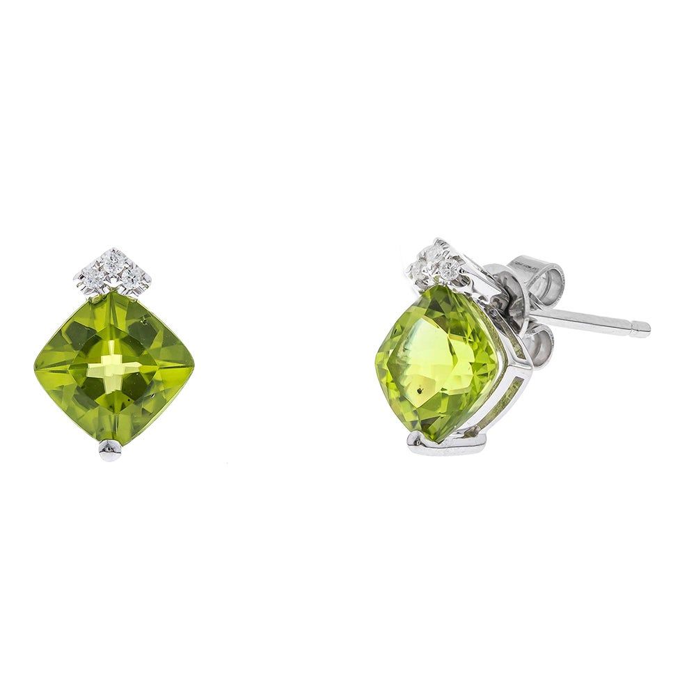 Cushion-Cut Peridot & Diamond Stud Earrings in 10K White Gold