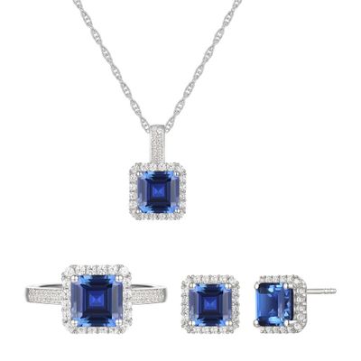 Lab-Created Ceylon Sapphire Earrings, Pendant and Ring Set Sterling Silver