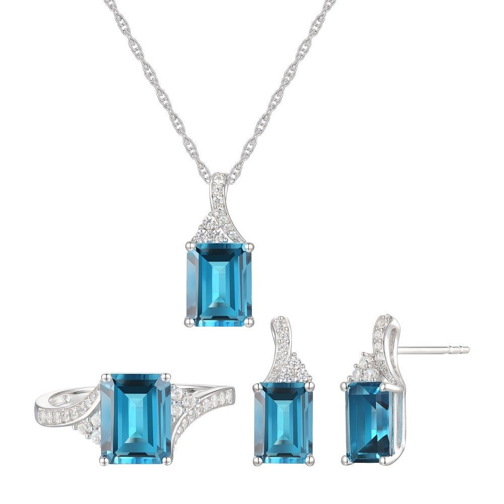 Emerald-Cut Blue Topaz Earrings, Pendant and Ring Set