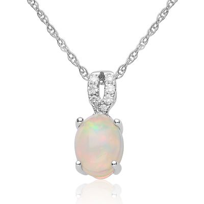 Opal Pendant with Diamond Ribbon in 10K White Gold