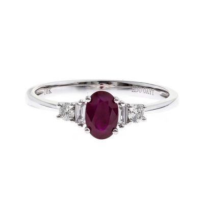 Oval Ruby Ring with Baguette Side Stone 10K White Gold (1/7 ct. tw.)