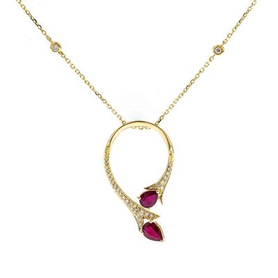 Ruby & Diamond Necklace with Floral Design in 10K Yellow Gold (1/7 ct. tw.)