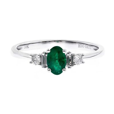 Oval Emerald Ring with Baguette Side Stones 10K Gold (1/ ct. tw