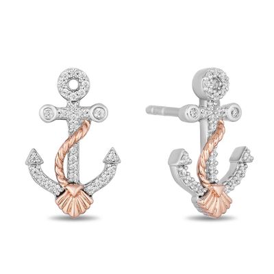 Diamond Ariel Anchor Stud Earrings in Sterling Silver & 10K Rose Gold (1/10 ct. tw.)