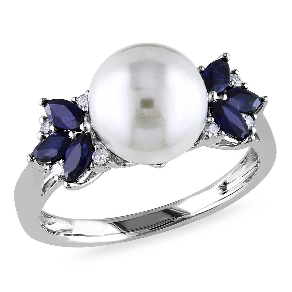 Pearl, Sapphire & Diamond Ring 10K White Gold