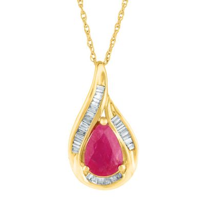 Pear-Shaped Ruby & Baguette Diamond Pendant in 14K Yellow Gold