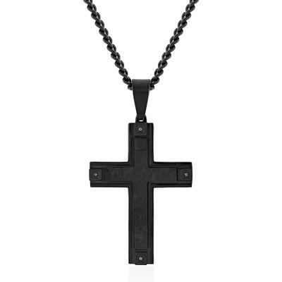 Menâs Black Diamond Cross Pendant in Black Carbon Fiber & Black Stainless Steel