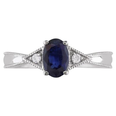 Oval Blue Sapphire & Diamond Ring with Milgrain Detail 14K White Gold