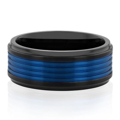 Menâs Ribbed Ring Blue & Black Ion-Plated Stainless Steel, 9mm