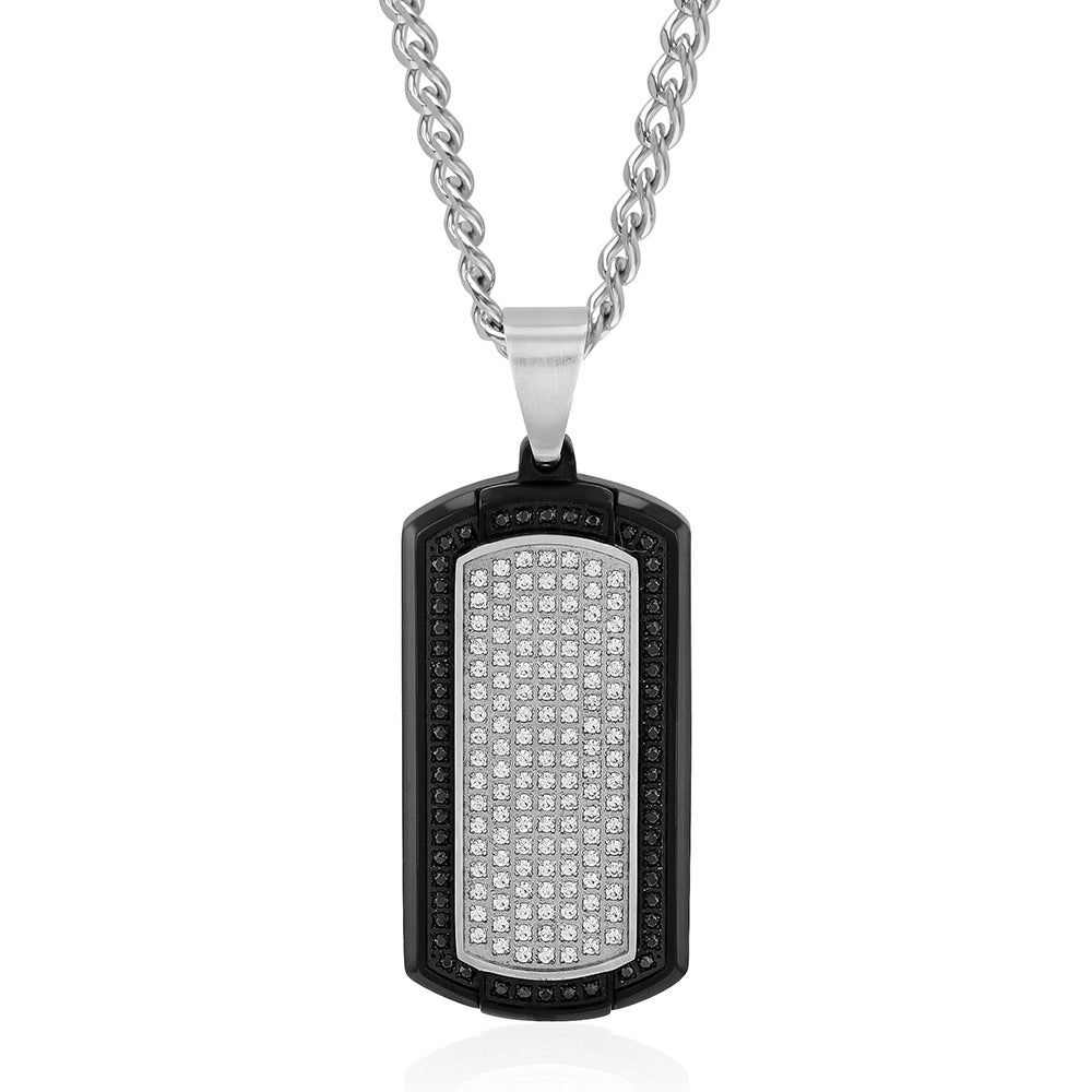 Menâs Black & White Diamond Dog Tag Pendant in Stainless Steel (7/8 ct. tw.)