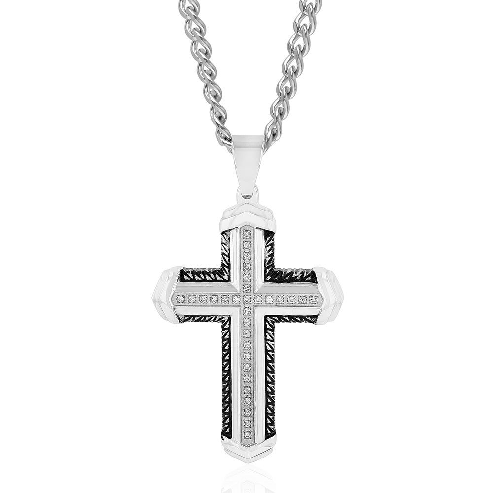 Menâs Diamond & Black Ion-Plated Cross Necklace in Stainless Steel (1/4 ct. tw.)