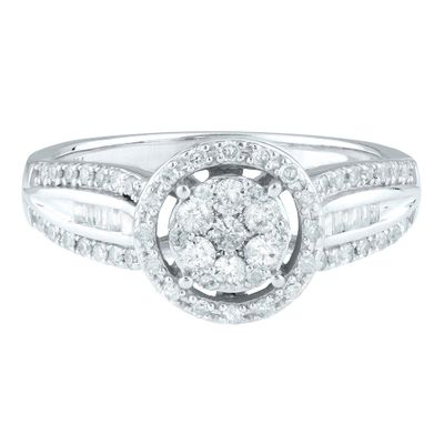 Round & Baguette Diamond Cluster Engagement Ring 10K White Gold (1/2 ct. tw.)