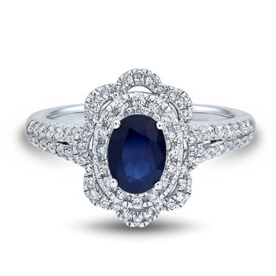 Oval Blue Sapphire & Diamond Halo Ring 14K White Gold (1/2 ct. tw.)