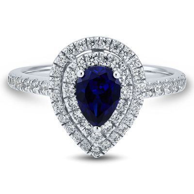 Pear-Shaped Blue Sapphire & Diamond Halo Engagement Ring 14K White Gold (1/2 ct. tw.)