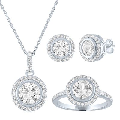 Round Lab-Created White Sapphire Halo Earring, Pendant & Ring Set Sterling Silver