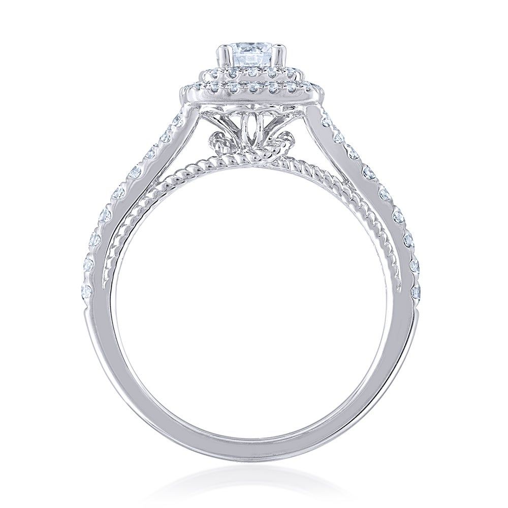 Round Diamond Engagement Ring with Cushion Halos 14K White Gold (3/4 ct. tw.)