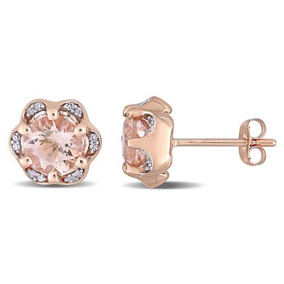 Morganite & Diamond Floral Stud Earrings in 14K Rose Gold