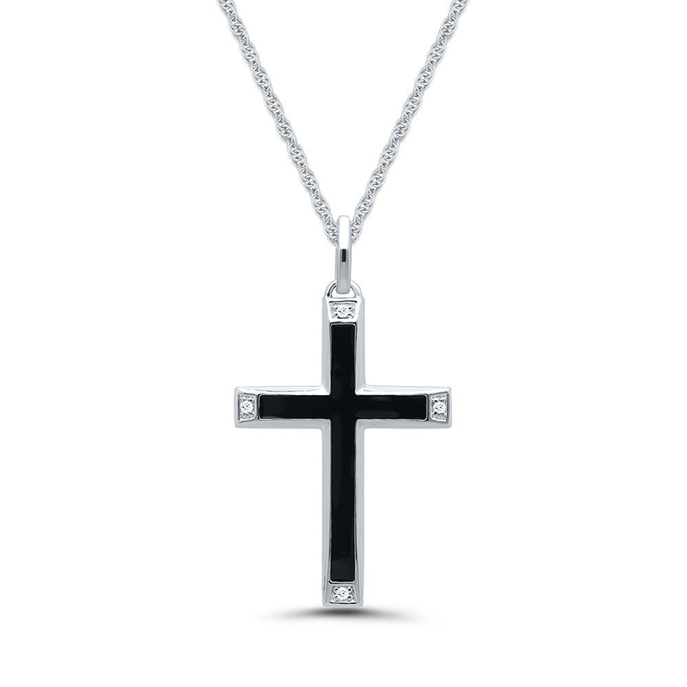 Menâs Black Cross Pendant with Diamond Accents in Black Enamel & Sterling Silver