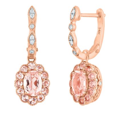 Oval Morganite Halo Drop Earrings with Diamond Accents in 14K Rose Gold
