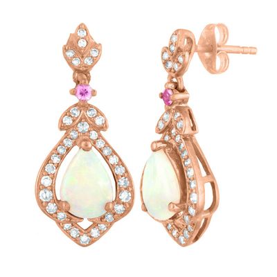 Pear-Shaped Opal & Diamond Drop Earrings with Tourmaline Accents in 10K Rose Gold (1/4 ct. tw.)