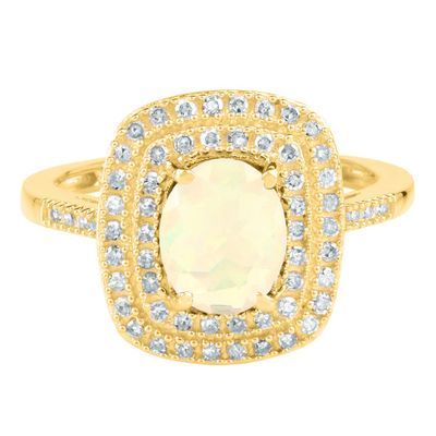 Oval Opal & Diamond Cushion Halo Ring 14K Yellow Gold (1/3 ct. tw.)