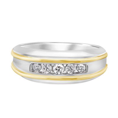 Menâs Two-Tone Diamond Wedding Band with Five-Stone Design 10K White & Yellow Gold (1/4 ct. tw.)