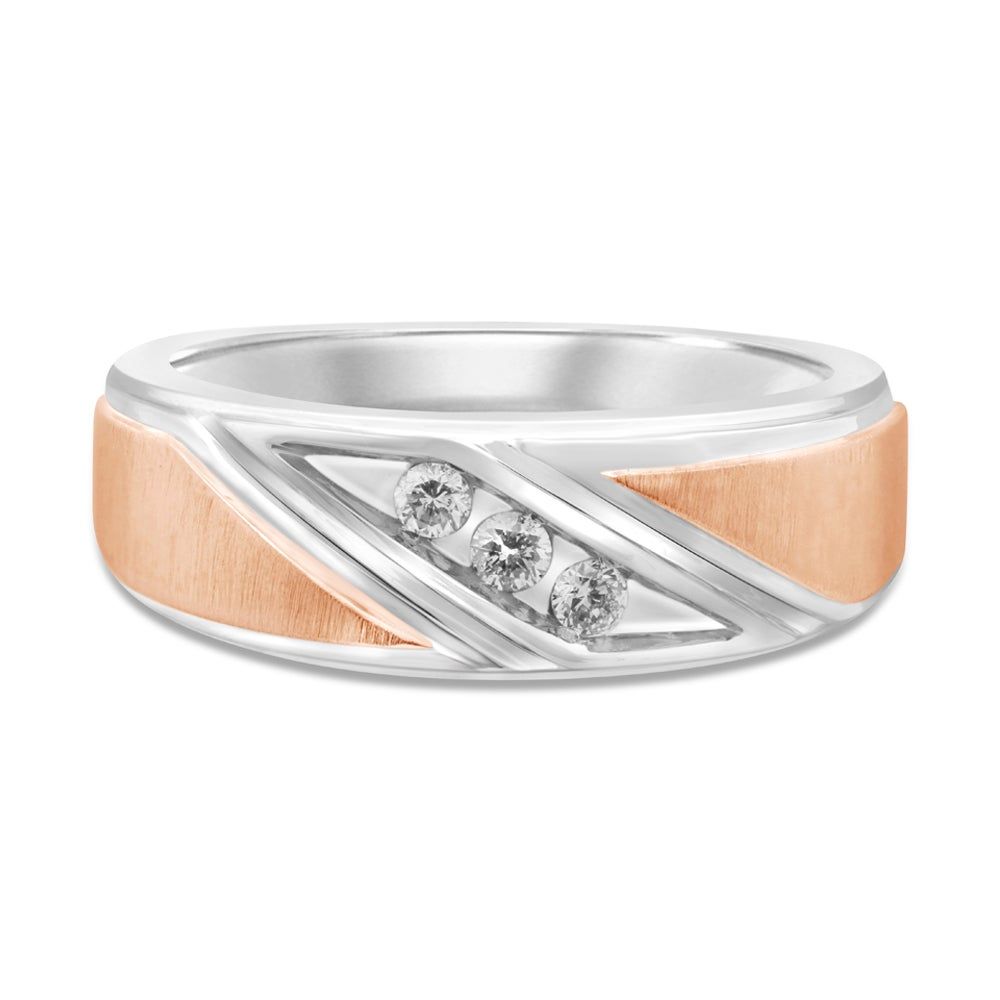 Menâs Two-Tone Diamond Wedding Band with Three-Stone Design 10K White & Rose Gold (1/7 ct. tw.)