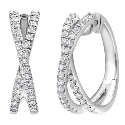 Double Hoop Earrings with PavÃ© Diamonds in 10K White Gold (1/2 ct. tw.)