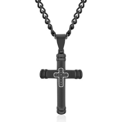 Menâs Black Cross Necklace with Black Diamond Accents in Black Ion-Plated Stainless Steel