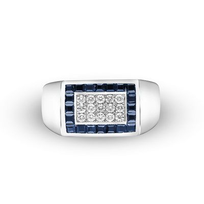 Menâs Blue Sapphire and Diamond Ring Sterling Silver (3/8 ct. tw.)