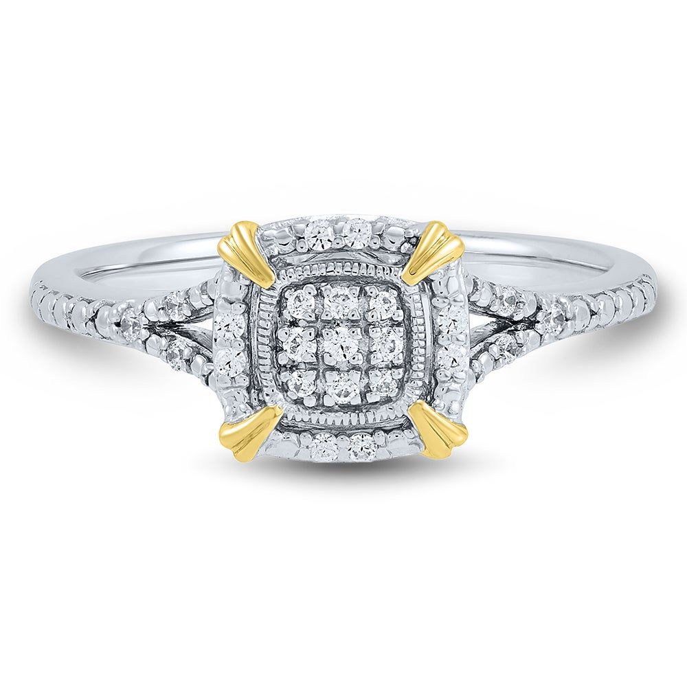 Diamond Cluster Ring with 10K Yellow Gold Accents in Sterling Silver (1/10 ct. tw.)
