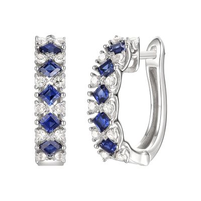 Blue Sapphire & Diamond Hoop Earrings in 10K White Gold (1/3 ct. tw.)