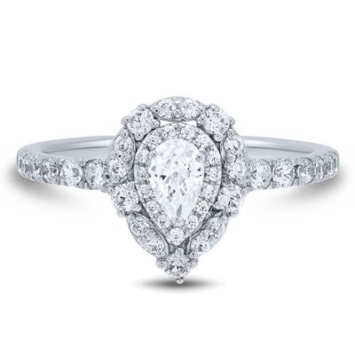 Pear-Shaped Halo Diamond Engagement Ring with Pave Band 14K White Gold (3/4 ct. tw.)