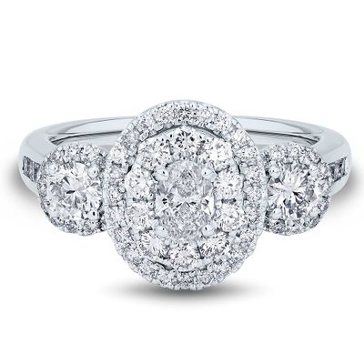 Oval Diamond Three-Stone Engagement Ring with Halos 14K White (1 1/2 ct. tw.)