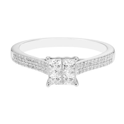 Princess-Cut Cluster Diamond Engagement Ring with Stacked Pave Band 10K White Gold (1/2 ct. tw.)
