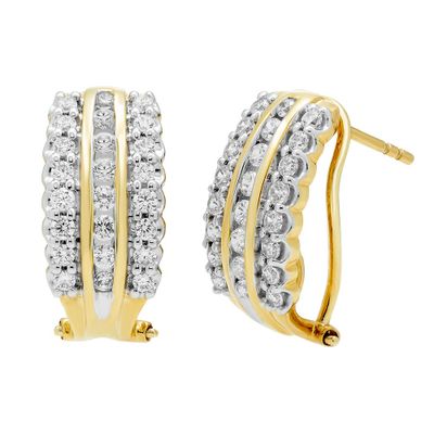 Omega Back Earrings with Three-Row Diamonds in 10K Yellow Gold (1 ct. tw.)